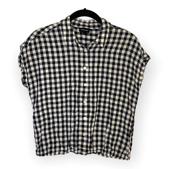 Who What Wear Tops - Gingham Shirt Button Down Top Short Sleeve Black and White Size S